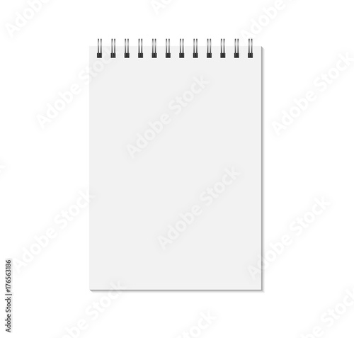 Notepad mock up isolated on white background. Blank pages, copybook with metal spiral template. Realistic closed notebook vector illustration.