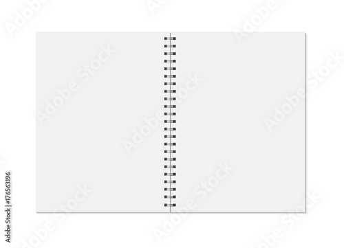 Notebook mock up isolated on white background. Blank pages, copybook with metal spiral template. Realistic opened notebook vector illustration.