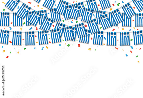 Greece flags garland white background with confetti, Hanging bunting for Greece Independence Day celebration template banner, Vector illustration