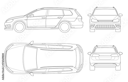 Vector hatchback car in outline. Compact Hybrid Vehicle. Eco-friendly hi-tech auto. Easy to change the thickness of the lines. Template vector isolated on white View front, rear, side, top