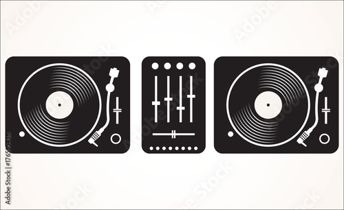 Simple black and white dj mixing turntable set vector illustration