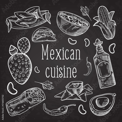 Mexican Food Hand Drawn Doodle Chalkboard. Mexico Traditional Cuisine. Vector illustration