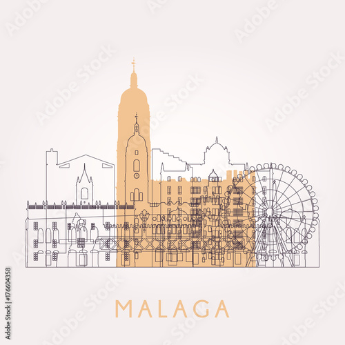 Outline Malaga skyline with landmarks. Vector illustration. Business travel and tourism concept with historic buildings. Image for presentation, banner, placard and web site.