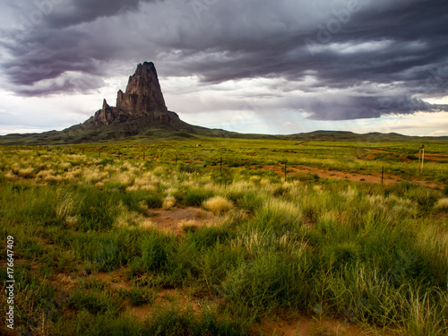 Rock Spire in Desert with Grasslands