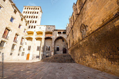 View on the Kings square with Grand Royal Palace during the sunny weather in Barcelona city