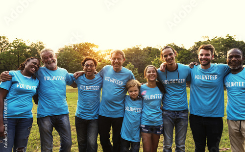 Voluteer group of people for charity donation in the park