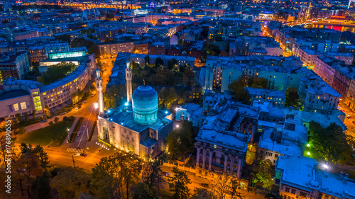 Russia. Night St. Petersburg. Mosque. Petersburg from the heights. Muslim mosque from the air.