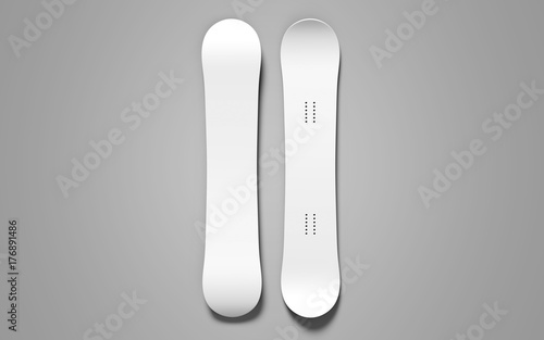 Two white snowboards on top and bottom, a mockup for your design. Clear realistic snow board mock up template for printing, 3d rendering , vertical top view on gray background