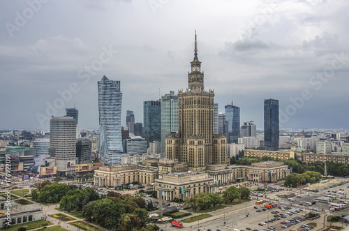 Warsaw, Poland. Aerial view Palace of Culture and Science and downtown business skyscrapers, city center.