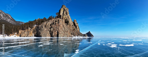 Baikal Lake. Panoramic view from ice on the Belltower Rocks