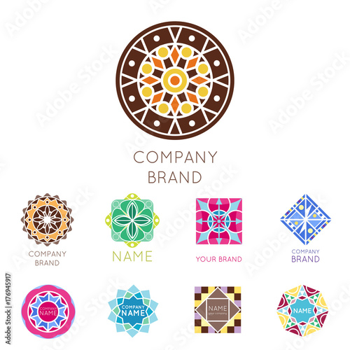 Abstract triangular polygonal shape kaleidoscope geometry company brand logo badge template circle decorative vector icon.
