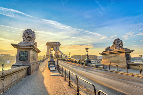 Budapest sunrise city skyline at Chain Bridge, Budapest, Hungary