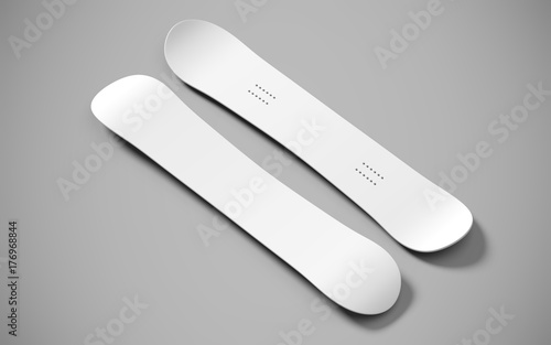 Two white snowboards on top and bottom, a mockup for your design. Clear realistic snow board mock up template for printing, 3d rendering on gray background.