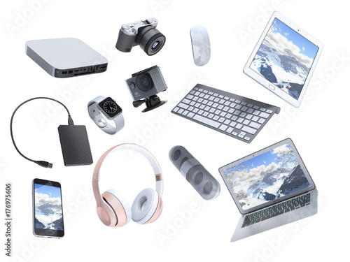 collection of consumer electronics flying in the air 3D render on white background