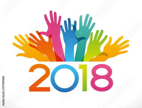 Vector 2018 Happy New Year background. Color design with numeral 2018, people's hands. The file is saved in the version 10 EPS. This image contains transparency.