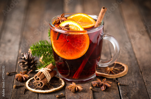 Hot mulled wine with cinnamon and star anise
