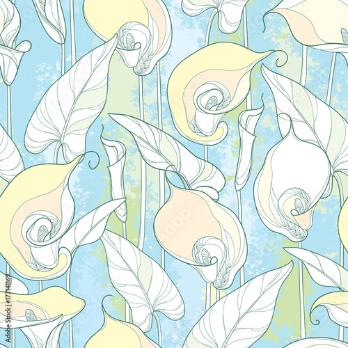Vector seamless pattern with outline Calla lily or Zantedeschia. Ornate white flower, bud and leaves on the pastel colored background. Floral pattern in contour style with calla for summer design.