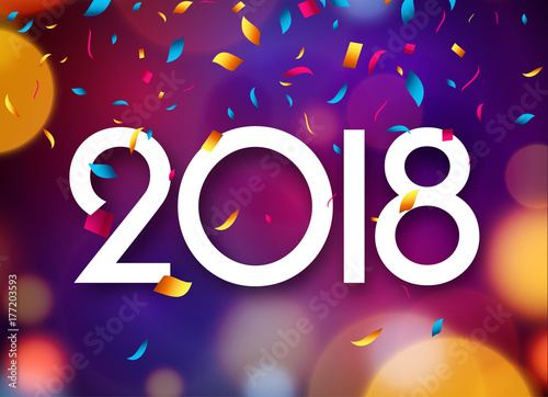 Happy New Year 2018 background decoration. Greeting card design template 2018 confetti. Vector illustration of date 2018 year. Celebrate brochure or flyer