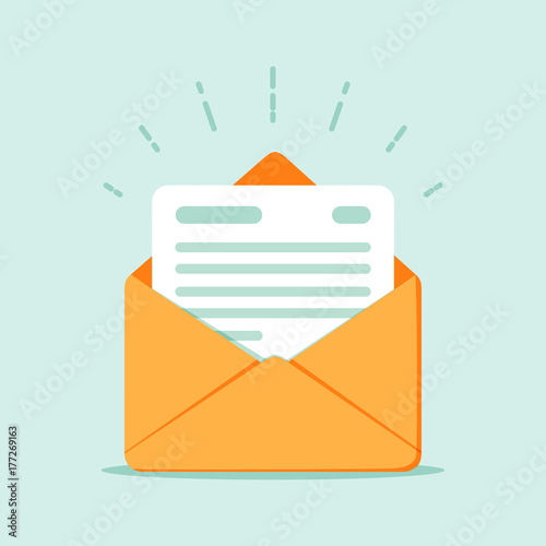 Open envelope with a document. New letter. Sending correspondence.