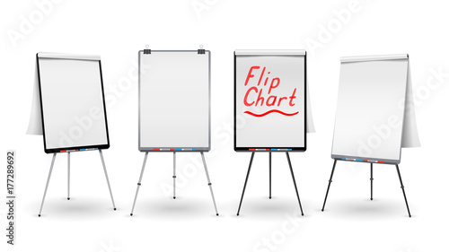 Flip Chart Set Vector. Office Whiteboard For Business Training. Blank Sheet Of Paper On a Tripod. Presentation Stand Board. White Clean Epty Paper. Isolated Illustration