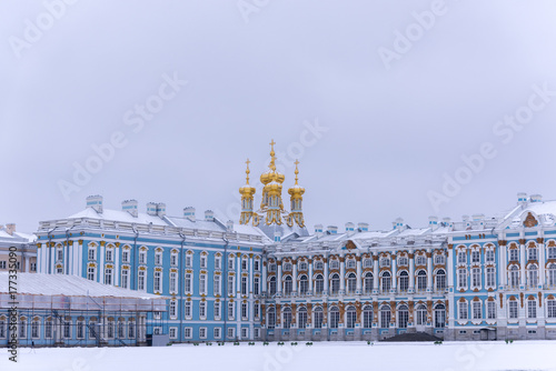 Fragment of the facade of the Catherine Palace with the domes of the Resurrection Church on a dull Janyary day. Pushkin, Tsarskoye Selo, St. Petersburg