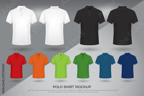 Men's polo shirt mockup, Set of black, white and colored blank polo shirts templates design. front and back view. vector illustration