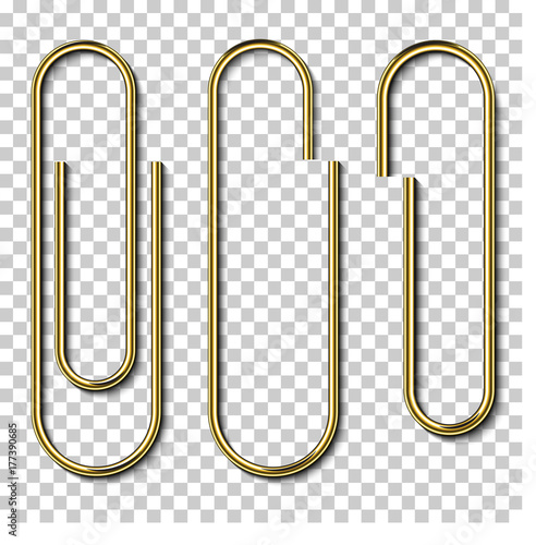 Metal gold paperclips isolated and attached to white paper isolated on transparent background