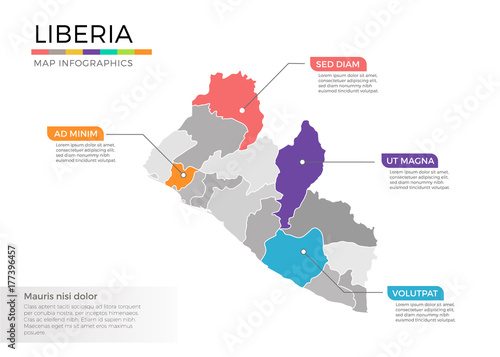 Liberia map infographics vector template with regions and pointer marks