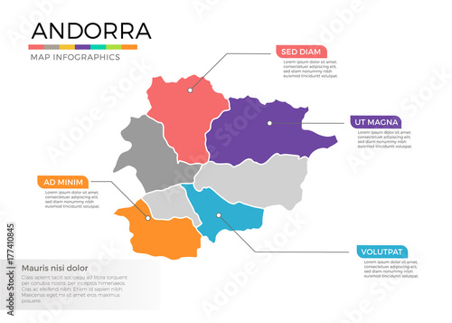 Andorra map infographics vector template with regions and pointer marks