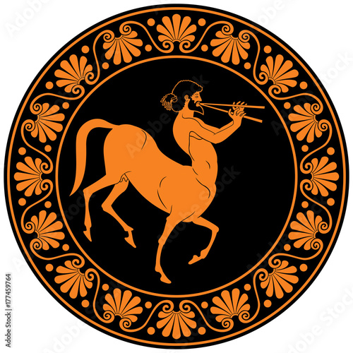 Centaur, half horse half human mythological creature, plays music on an aulos, Ancient Greek wind music instrument, red-figure vase painting style vector illustration 