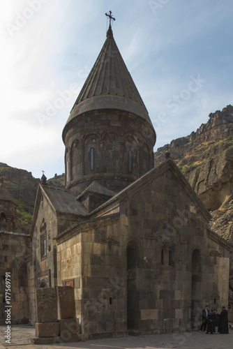 The Christian temple Geghard in the mountains of Armenia