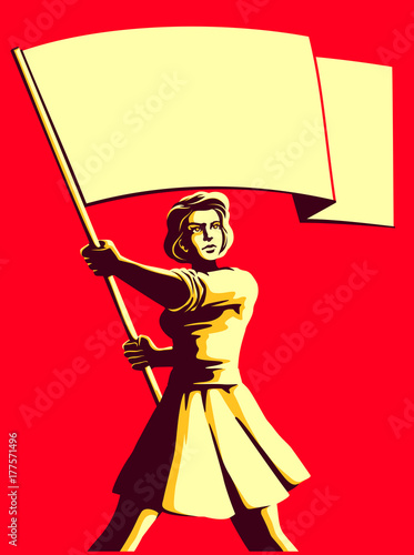 Vintage soviet socialist propaganda style patriot woman holding blank flag vector illustration, political protest activism patriotism