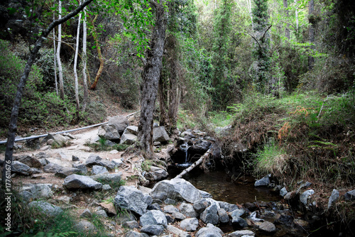 A hiking trek to Caledonia waterfall along a small river stream, near Platres, Cyprus