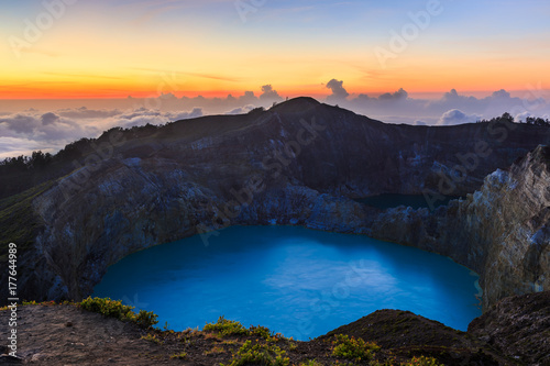 Sunset at the Kelimutu volcano crater on Flores island Indonesia