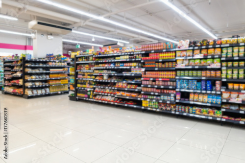 Abstract blurred in supermarket and commodity product on shelf