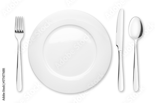 Empty plate, Spoon, fork, knife, clipping path, white background, isolated, top view from first perso