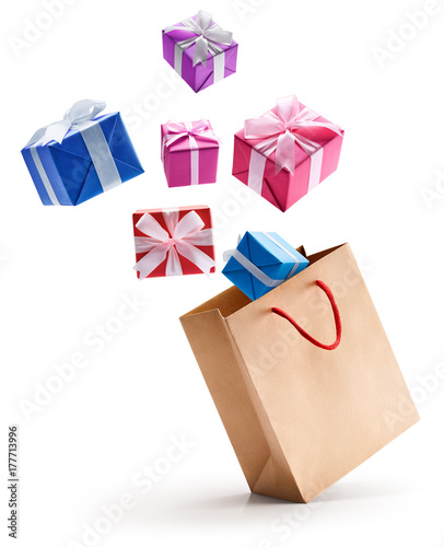 Gift boxes pop out from shopping bag