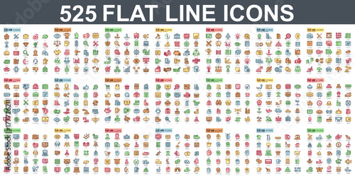 Simple set of vector flat line icons. Contains such Icons as Business, Marketing, Shopping, Banking, E-commerce, SEO, Technology, Medical, Education, Web Development, and more. Linear pictogram pack.