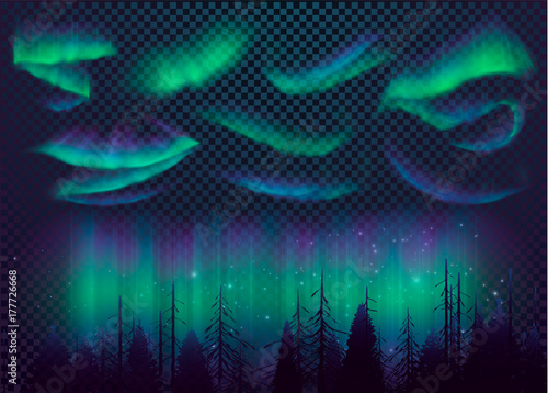 Night Sky, Aurora Borealis, Northern Lights Effect, Realistic Colored polar lights. Vector Illustration, abstract space design for aurora borealis, isolated on transparent background.