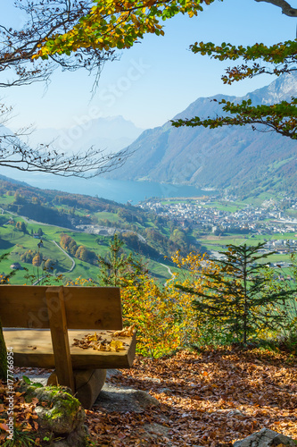 mountain landscape. Autumn. A bench with a view of a wide mountain landscape.