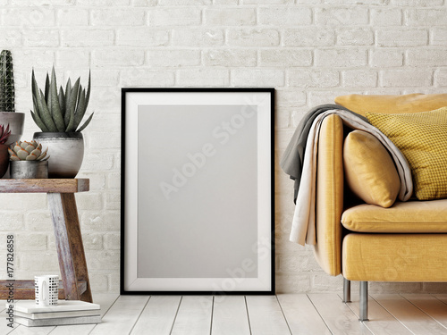 Mock up poster, interior composition, sofa, wood chair, flower and white poster, 3d render, 3d illustration