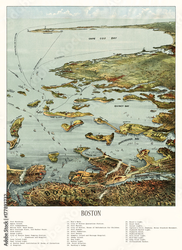 Old aerial view of Boston harbor and south shore, Massachusetts. Created and published by John Murphy, 1901