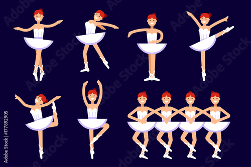 Ballerina different poses in dancing isolated on white background. Ballet vector flat illustration. Ballet dancer, princess, ballerina girl vector stock illustration. Swan lake illustration