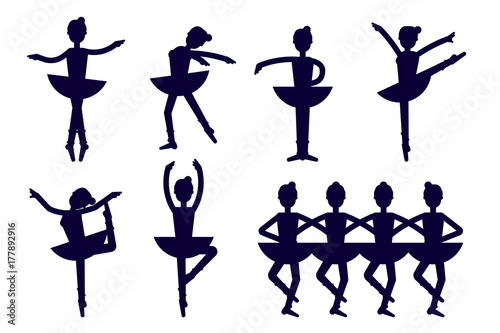 Ballerina silhouette poses isolated on white background. Ballet icons vector. Ballet dancer, princess, ballerina girl in dancing vector stock illustration. Swan lake illustration.