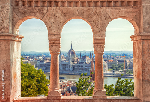 Hungary. Budapest. Parliament view through Fishermans Bastion.
