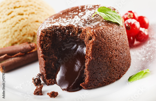 Chocolate lava cake with ice cream in close up