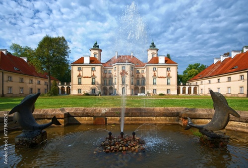 Decorative facade of Baroque style Bielinski Palace in Otwock Wielki (near Warsaw) seen from a park, Poland