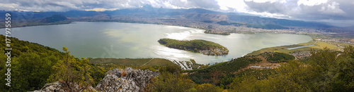 Beautiful panoramic view of Ioannina lake from Ligkiades mountain village