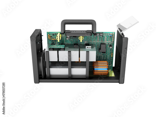 Modern inverter welding machine on microcircuits is dismantled from the side 3d rendering on a white background no shadow