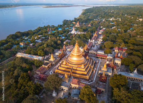 Aerial view at the ancient Shwezigon Pagoda,the main tourist destination of Bagan, Myanmar (Burma)